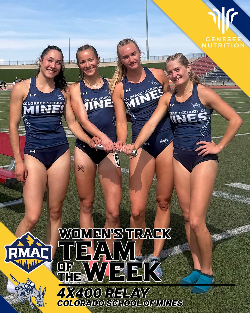 RMAC_SPORTS's tweet photo. Colorado School of Mines 4x400 Relay Team is your RMAC Women's Track Team of the Week, presented by Genesee Nutrition!

Story > https://t.co/7TgYo6stYL

 #EverythingElevated | @GeneseeProtein | @MinesAthletics https://t.co/on7svnyPiq