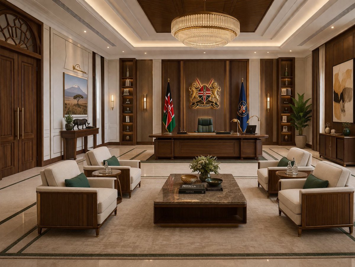 ArchitectMwangi's tweet photo. 1. High ceiling + expansive floor dilutes authority and intimacy. Humans and furniture appear lost in space.
2. Focal point is lost in the arrangement of furniture.
3. Finishes fail to imbue institutional identity.
4. Lighting is dysfunctional. It lacks task lighting + hierarchy. https://t.co/I7fIThyIPT