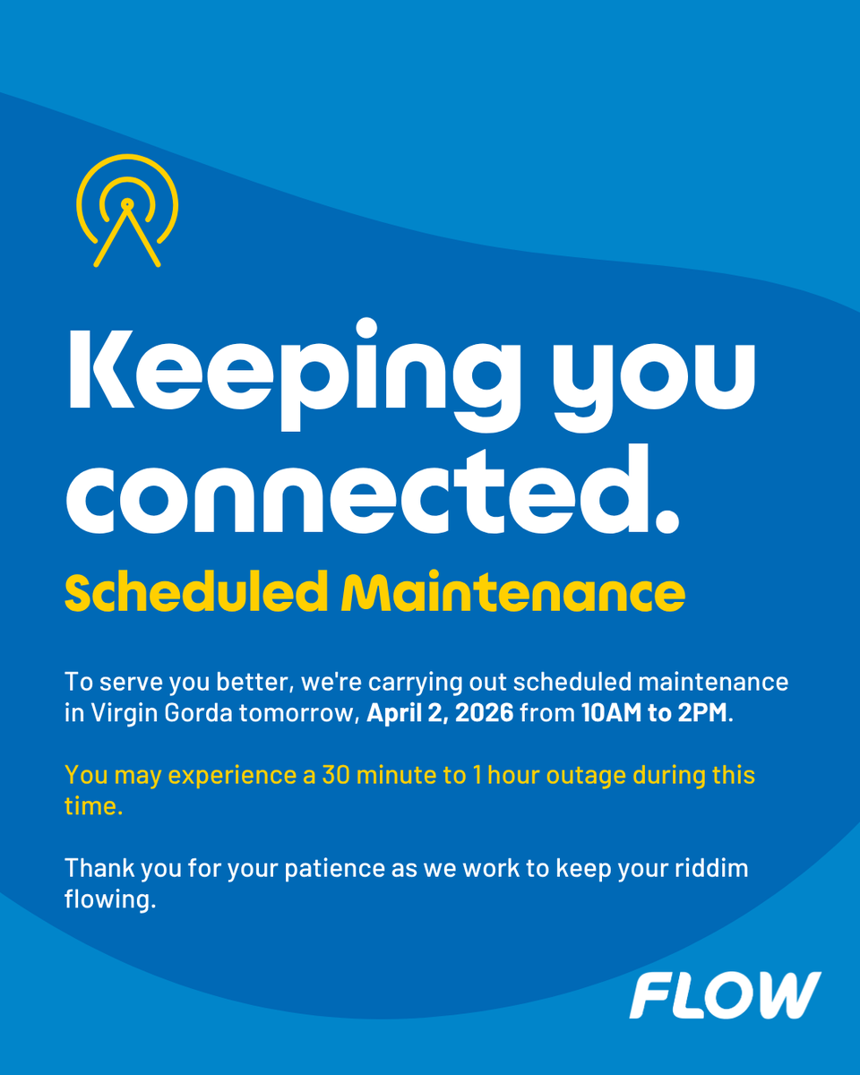 Flow_BVI's tweet photo. We’ll be carrying out scheduled maintenance in Virgin Gorda tomorrow, April 2, between10AM and 2PM.
During this time, you may experience brief service interruptions.

Thank you for your patience as we work to keep your riddim flowing. https://t.co/46Ympt7bfF