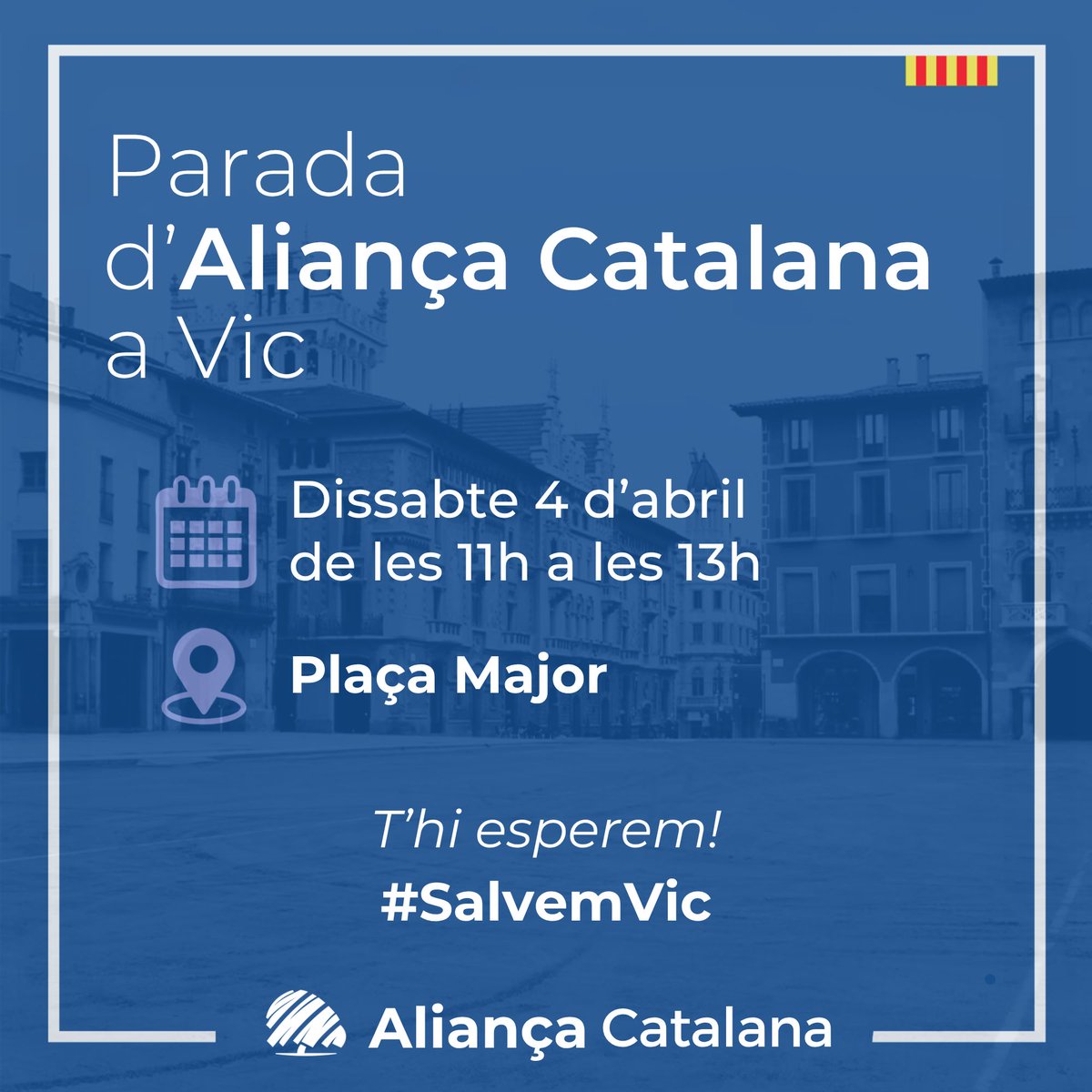 Aquest dissabte ens trobareu a la Plaça Major!

📅 Dissabte, 4 d'abril 
🕙 De les 11h a les 13h

T'hi esperem! 
#SalvemVic