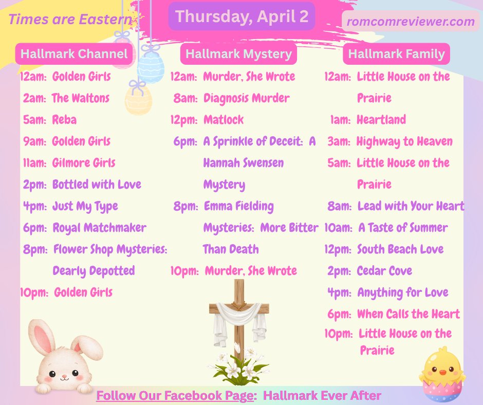 RomComReview1's tweet image. Here is the daily #HallmarkSchedule for THURSDAY, APRIL 2!

#Hallmarkies #HallmarkFans