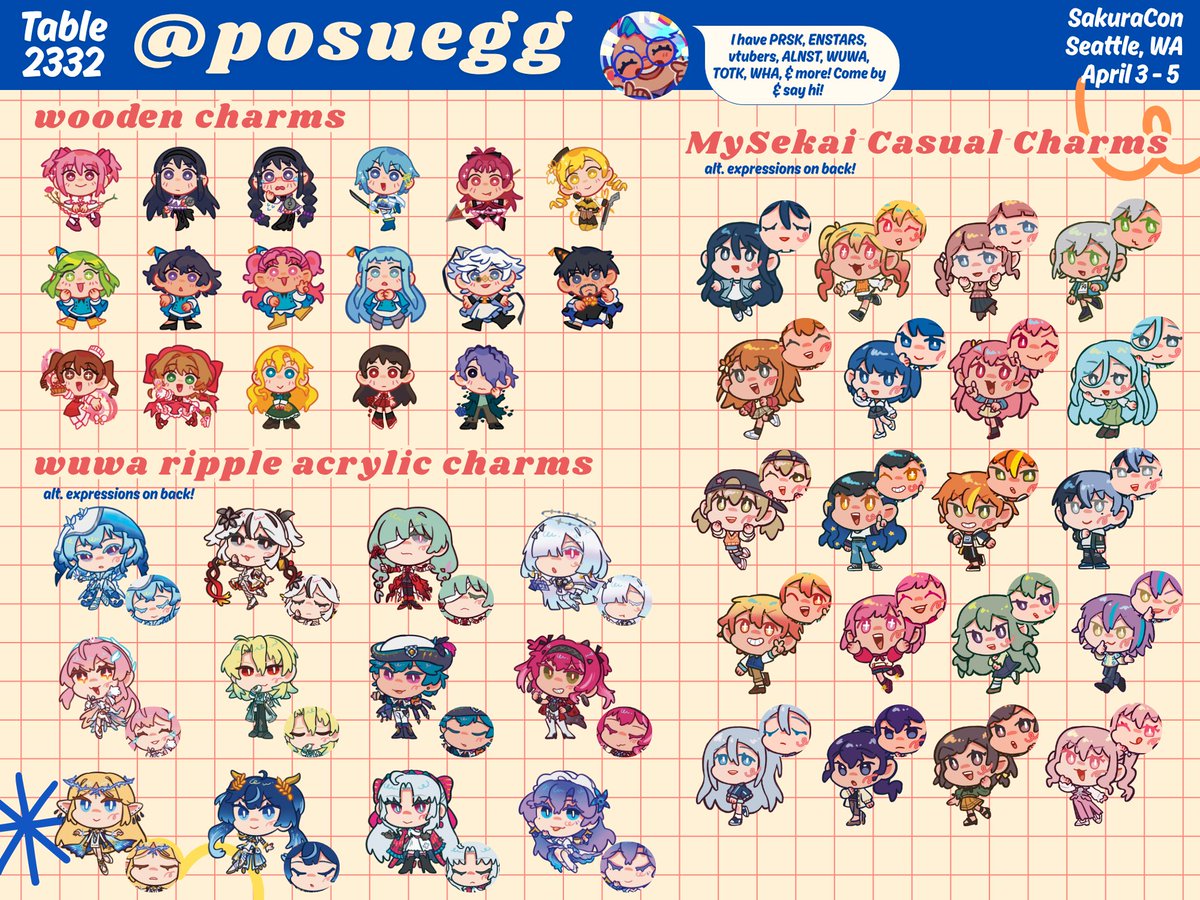 posuegg's tweet photo. (1/2) My first time at SakuraCon this weekend! Here is the catalog! Come by and say hi~  come yap about prsk, wuwa, wha, etc!👋 https://t.co/S58R3X4i3J