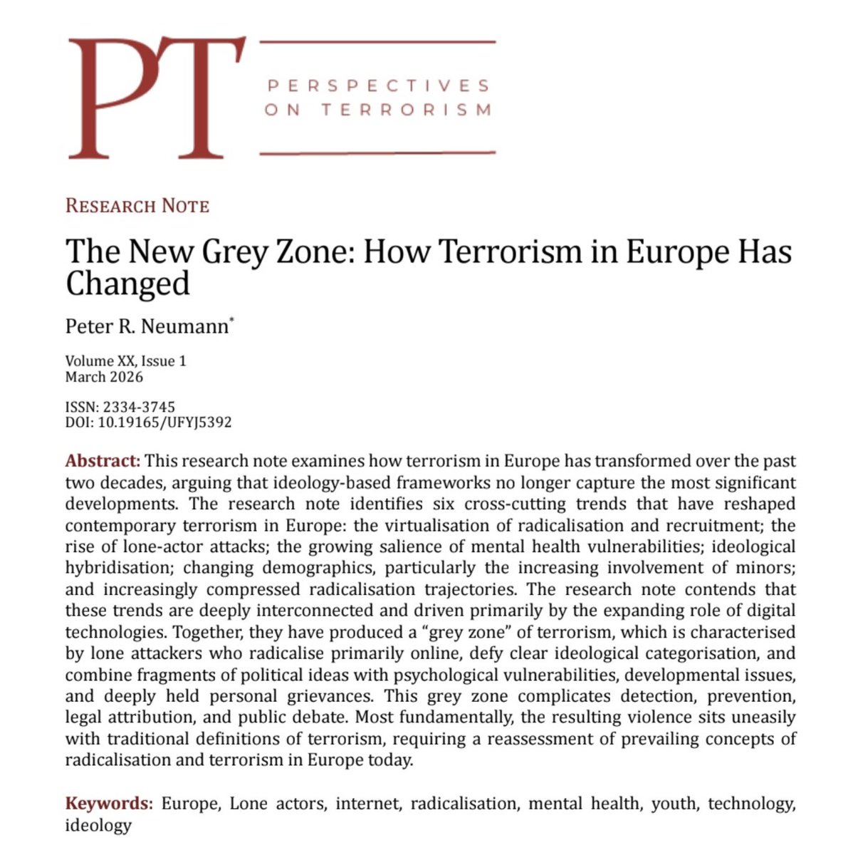 Shtuni's tweet image. Looking forward to reading this new insightful piece by @PeterRNeumann for @Perspectives_T
👇🏼
The New Grey Zone: How Terrorism in Europe Has Changed pt.icct.nl/sites/default/… #terrorism