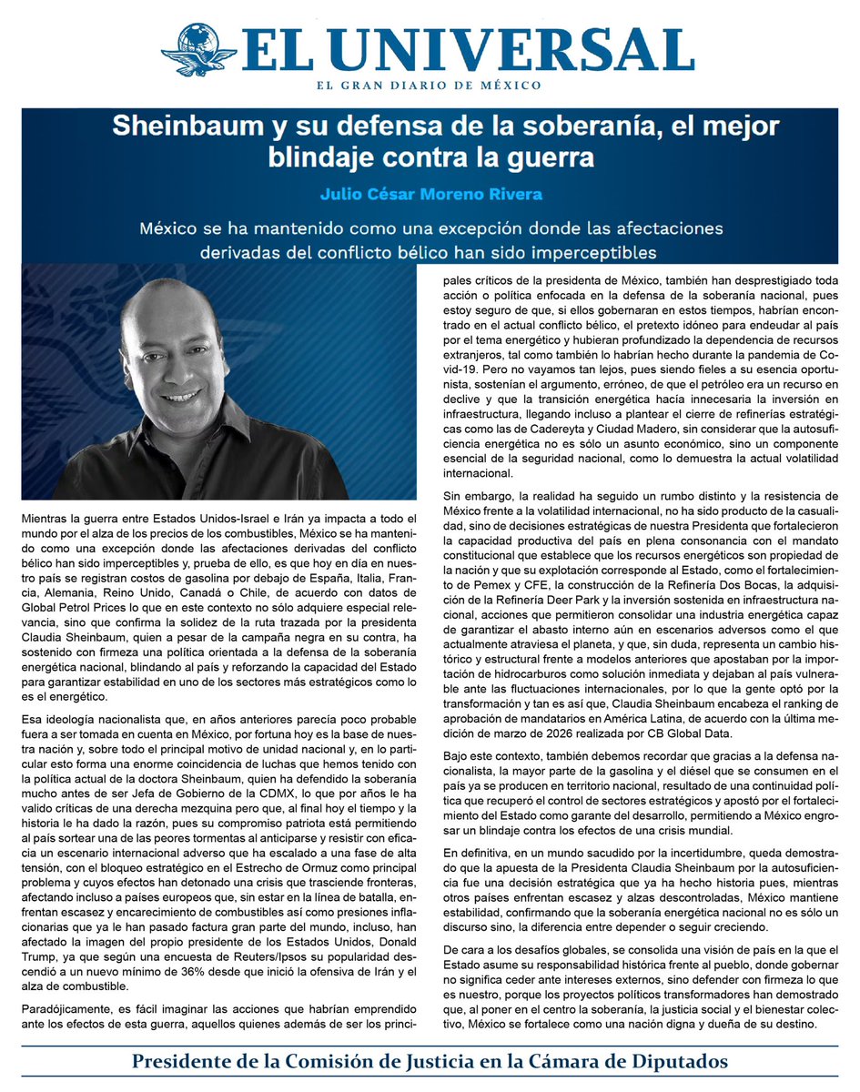 julioc_moreno's tweet photo. Comparto con ustedes mi más reciente columna en @El_Universal_Mx  donde reflexiono sobre un tema central para el presente y el futuro de México: la defensa de nuestra soberanía como la mejor ruta para proteger al país frente a la incertidumbre mundial.

Hoy más que nunca, estoy convencido de que fortalecer nuestra soberanía energética, respaldar a nuestra Presidenta @Claudiashein y poner siempre por delante el interés nacional es lo que permite a México mantenerse firme, con estabilidad y rumbo, aun en tiempos complejos. 

Las y los invito a leer mi columna:
➡️ https://t.co/9JeWvu1e9F

#JCM
