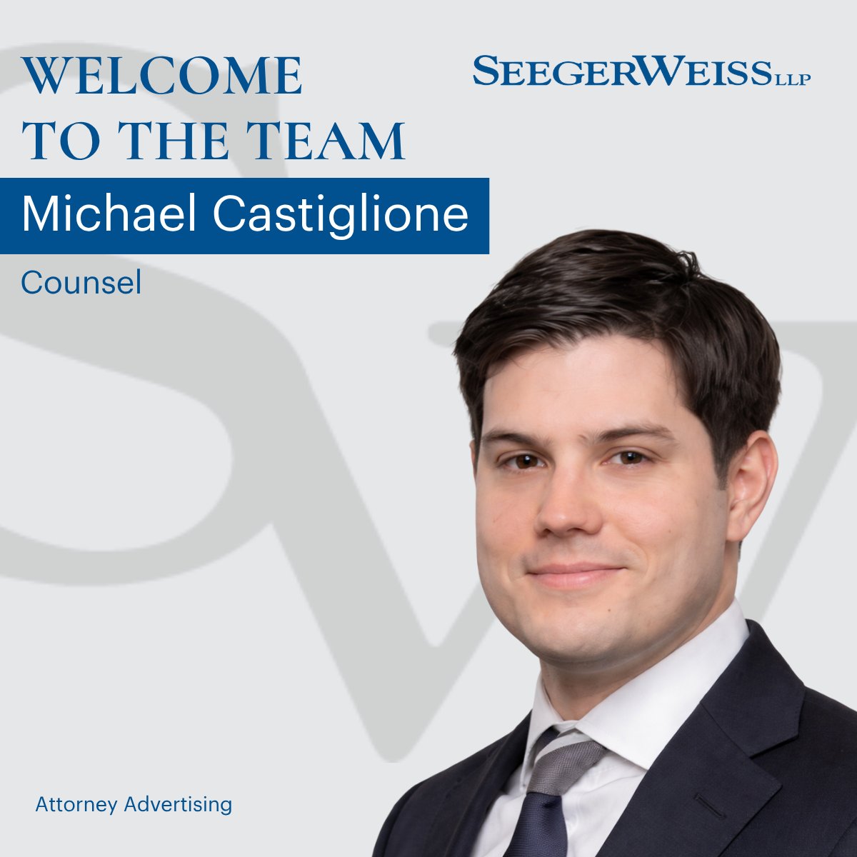 SeegerWeiss's tweet photo. Seeger Weiss welcomes Michael Castiglione as Counsel. A former AUSA in the EDNY, he served as lead counsel in United States v. UBS Securities, yielding a $1.435B settlement, the DOJ's largest civil fraud recovery in 2023.

Prior results do not guarantee or predict a similar outcome in any future matter.

#SeegerWeiss #PlaintiffLitigation