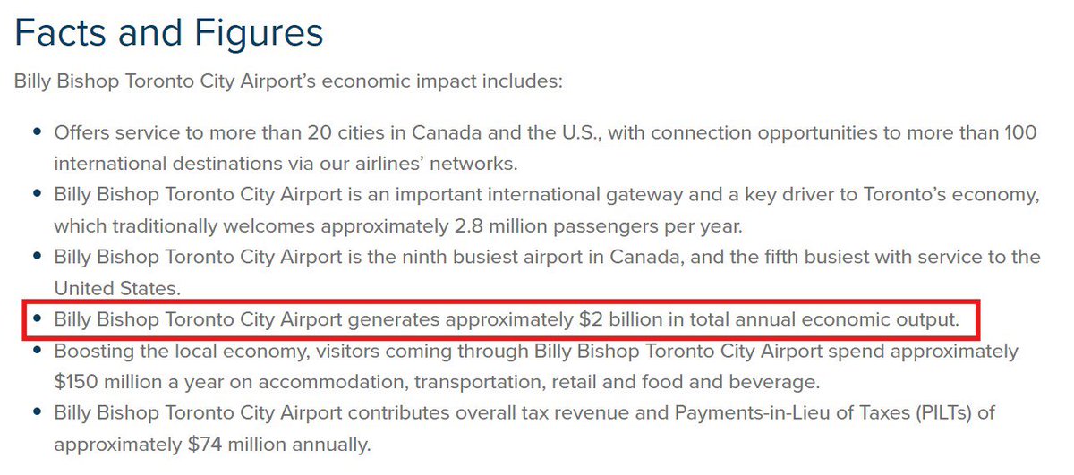 I find it to be interesting that while Pearson airport handles 23x the passenger volume (2024: 46.8M vs. 2M), 500k metric tonnes of cargo, and anchors a huge employment zone, it only claims 10x the economic impact claimed by Billy Bishop airport.