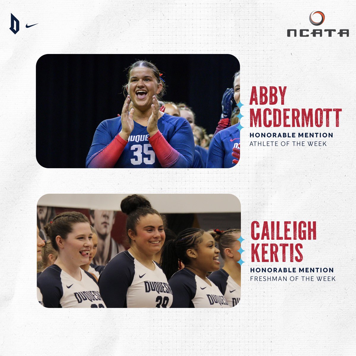 ✌️ weekly honors for the Dukes!

• Caileigh Kertis — Honorable Mention Freshman of the Week (third time this season)
• Abby McDermott — Honorable Mention Athlete of the Week

#GoDukes