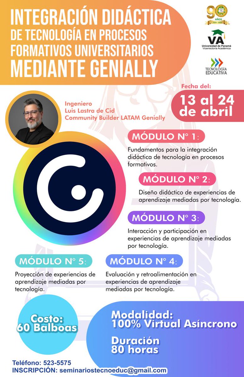 TecnoEduc507's tweet photo. Integración Didáctica de Tecnología en Procesos Formativos Universitarios mediante Genially - 13 al 24 de abril - 80 hrs virtuales - Costo $60.00 - Envíe sus datos a través del siguiente formulario: https://t.co/Igt4tGolkU @UNIVERSIDAD_PMA #Seminarios2026 #SoyUP https://t.co/nEVCSACoJY