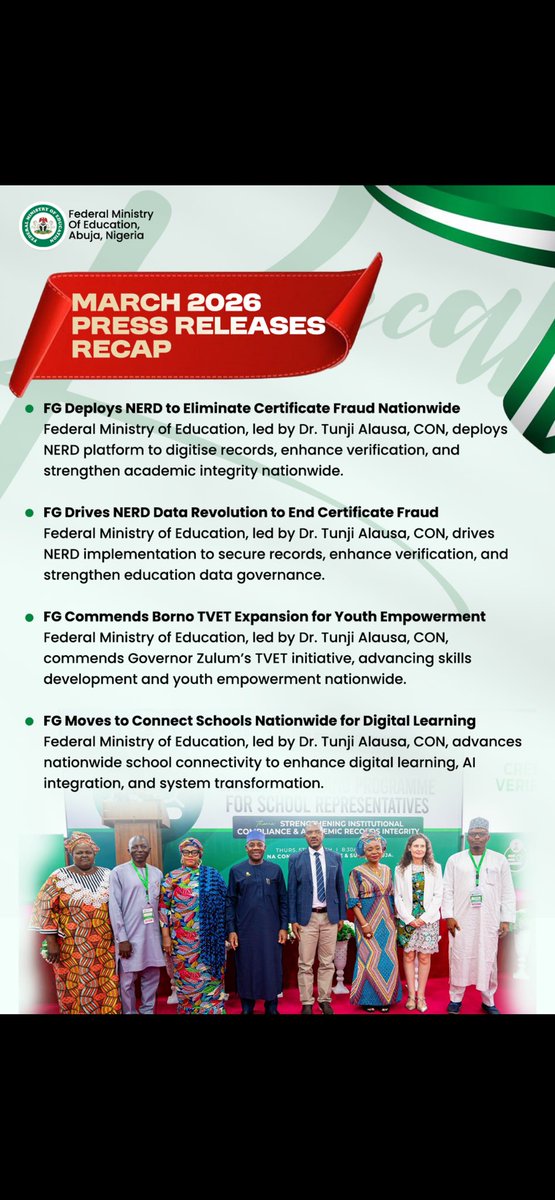 NigEducation's tweet image. *March in review:* Driving education reform, innovation, and transparency, empowering students, strengthening institutions, and unlocking global opportunities for Nigeria’s future.

#EducationReform #BuildInNigeria #StudentInnovation #DigitalLearning 
#TVET #SVCGBootcamp