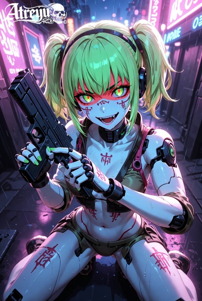 "Don’t blink, choom.
She’s got that unhinged smile, chrome arms, and a trigger finger that never hesitates.
Rebecca’s back in the rain-soaked streets of Night City — small body, massive chaos energy. 💚🔫"
With hashtags:
#RebeccaCyberpunk #CyberpunkEdgerunners #NightCity