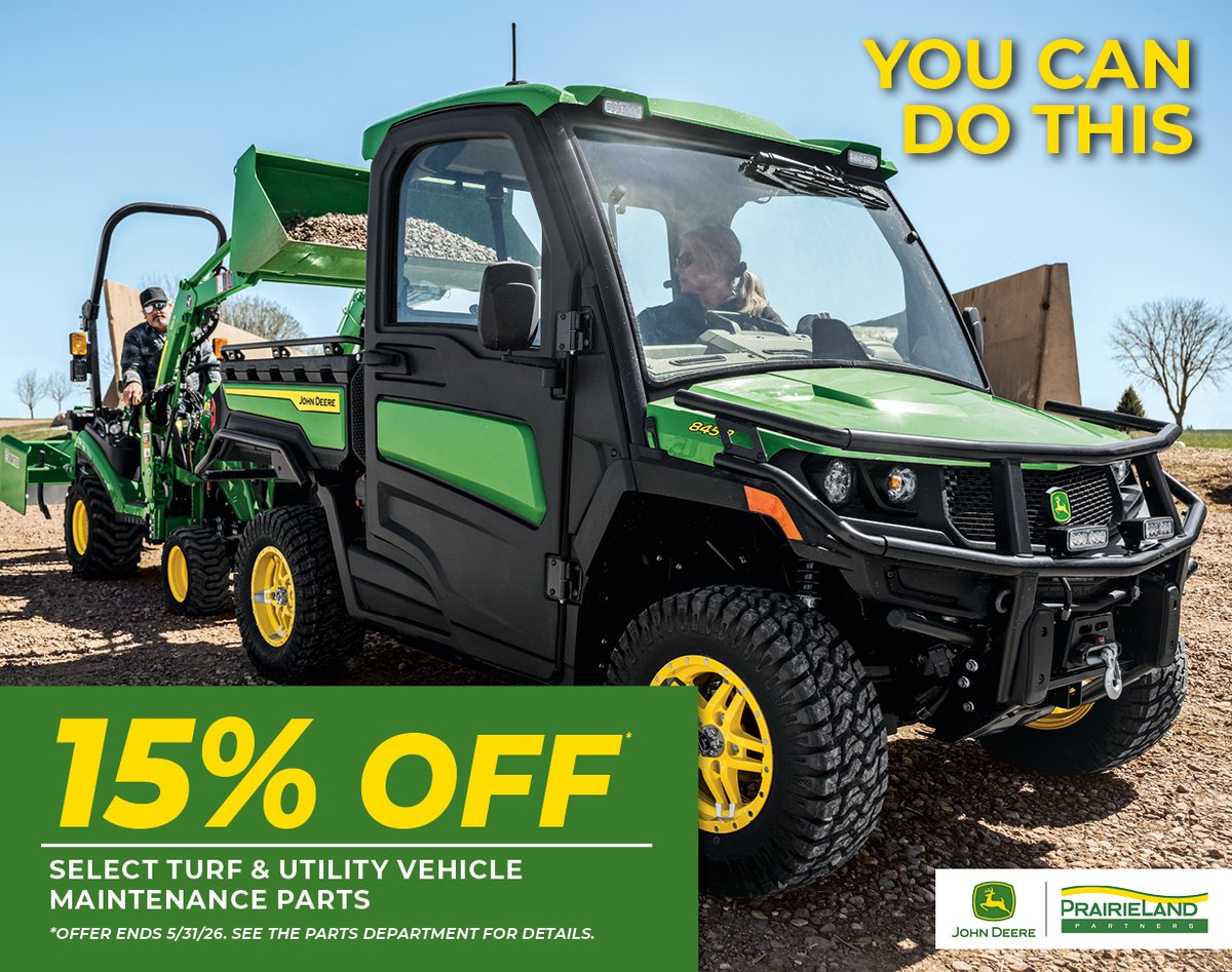 PrairieLandJD's tweet photo. Save 15% off Select Turf and Utility Vehicle Maintenance Parts!

Stop by your local PrairieLand Partners to learn more to visit https://t.co/vB4mT5LMoc to order online! Offer ends May 31, 2026. https://t.co/ulgJNE2sko