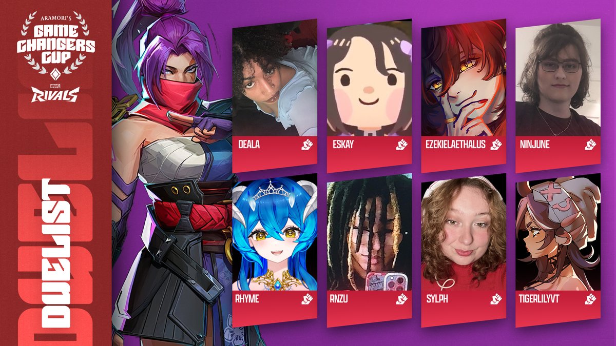 Aramori_'s tweet photo. Introducing your DUELISTS for the Aramori's Game Changers Cup!

⚔️ @dealasie
⚔️ @EskayOW
⚔️ @EzekielAethalus
⚔️ @ninjune1
⚔️ @Rhyme_VT
⚔️ @rnzu__
⚔️ @sylphiree
⚔️ @TigerLilyVT

@MarvelRivals #AGCC #Sponsored https://t.co/wg2tQbvhyu