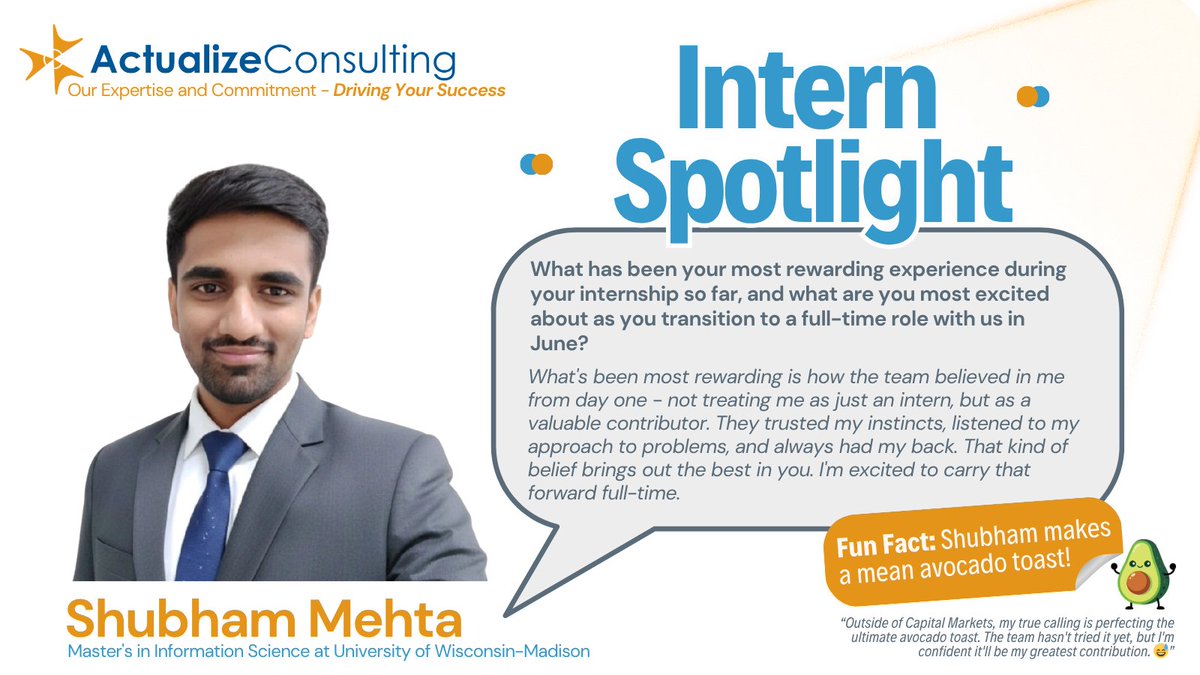 actualizellc's tweet image. Subham has already been a great addition to the team, bringing curiosity, fresh perspectives, and enthusiasm to our work. bit.ly/internLI #bestteam #welcome #consulting #fintech