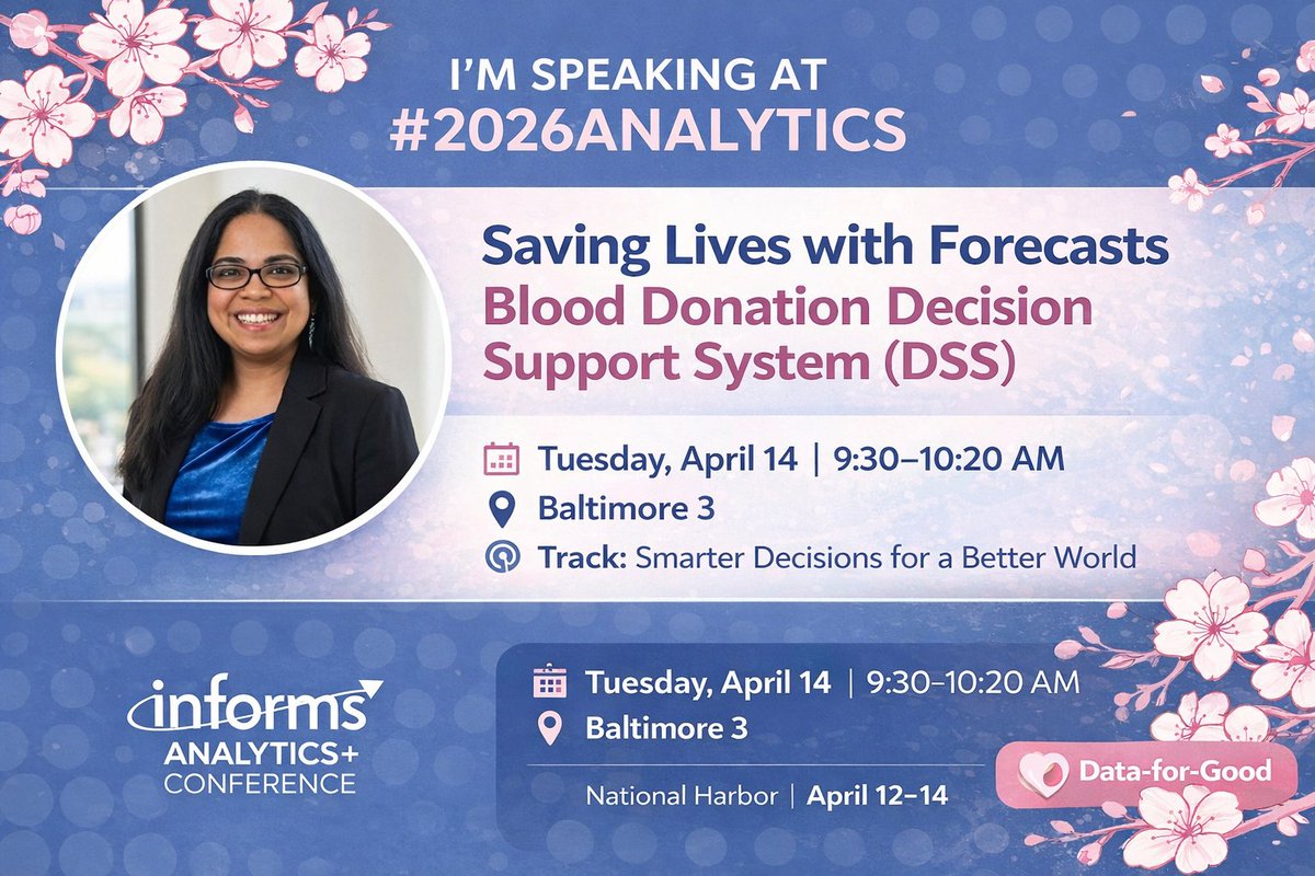 BahelDeepti's tweet image. Excited to share I’m speaking at #2026Analytics 🎤
“Saving Lives with Forecasts” — using data to power a Blood Donation DSS for real-world impact ❤️
Data can save lives. Let’s build for good.
#DataForGood #AI #HealthcareAnalytics #INFORMS