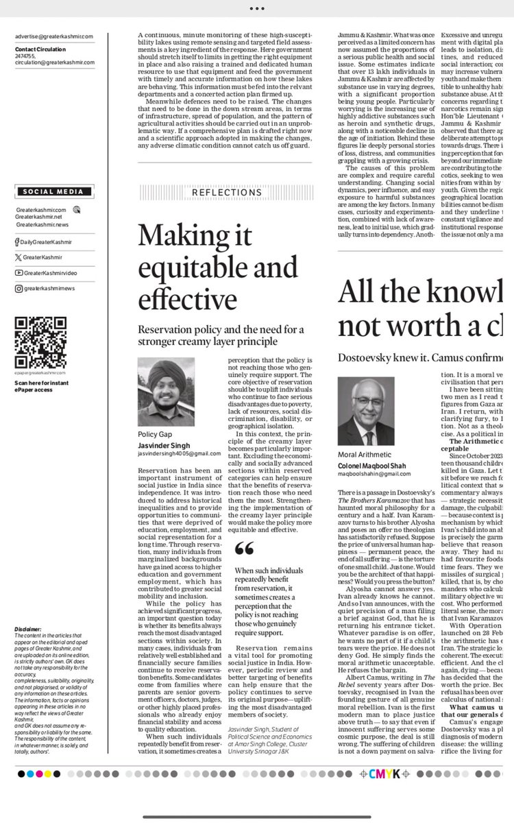 iamjasvinders12's tweet photo. https://t.co/PsxgFMHtLD 

Article published in Greater Kashmir on “Reservation: Making it equitable and effective”.
Feedback is appreciated.

@GreaterKashmir https://t.co/4oa9G3nBDF