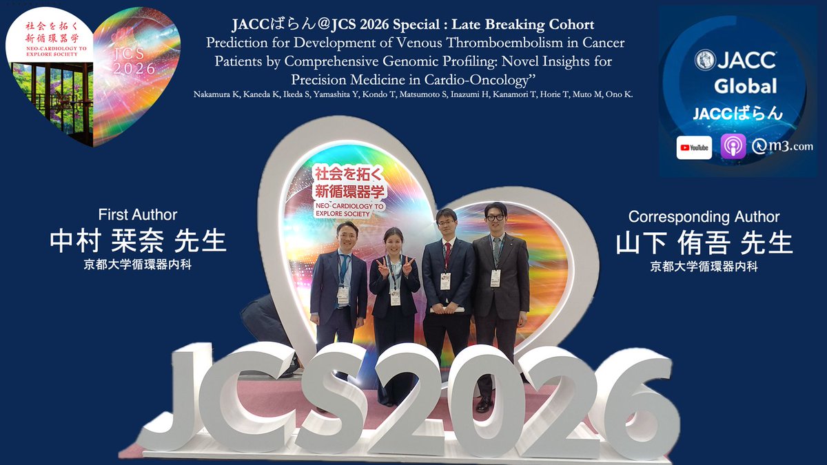 MitsuakiSawano's tweet photo. 📢 #JACCばらん Ep56 @日本循環器学会 #26JCS Special 🧬 がん遺伝子パネルで“血栓”が予測できる？—腫瘍循環器の新時代へ 
JCS Late Breaking Cohortから、精密医療×VTE予測という新しい視点をMentor–Menteeで深掘り

🎙️ ゲスト
1st. 中村 栞奈 先生（京大循環器内科）
Corr. 山下 侑吾 先生（京大循環器内科）

🔍 ポイント
・412例のがん患者（CGP実施）で検証
・中央値693日で14.3%がVTE発症
・KRAS（HR 2.35）、CDKN2A（HR 2.06）などが関連
・従来のKhorana scoreを補完する可能性

🧠 メッセージ
がんパネルは“治療選択”だけでなく
👉 血栓リスク予測＝循環器合併症の精密医療へ
🌏 若手が切り拓くNEO-Cardiology、必見です

Youtube: https://t.co/7ZLEmM2lDY
Video: https://t.co/YWXiSI6ePr
Podcast: https://t.co/GmoLWH0ZRu

@MitsuakiSawano @Nobu0129 @KenEjiri @SS_cardiol @sk2798 @univkyoto 
@JACCJournals @ACCinTouch
#CardioOncology #VTE #PrecisionMedicine #26JCS