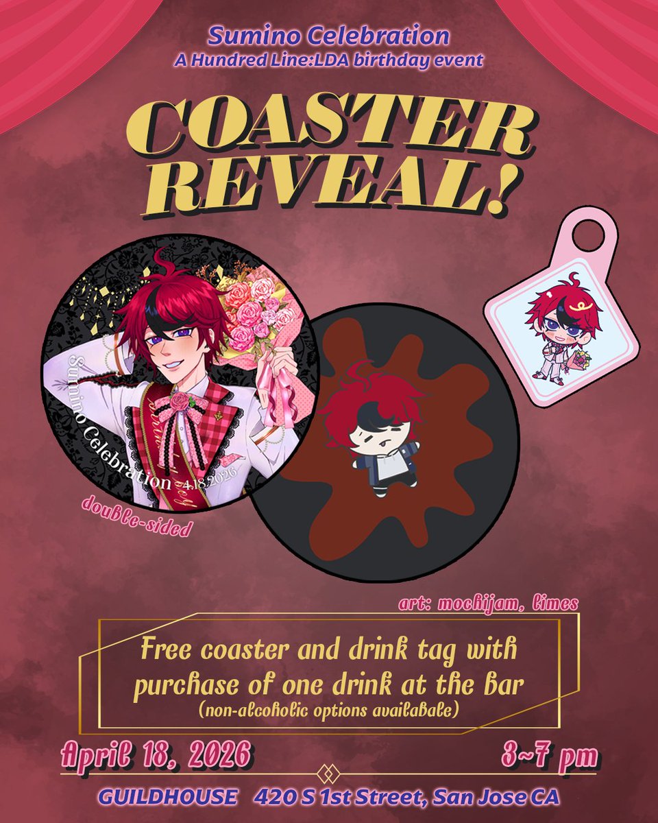 luccupsleeves's tweet photo. Coaster reveal! 
After ordering a drink at the bar, come to the event area in the Backroom to redeem a free Takumi coaster and drink tag! 

Stay tuned for merch bundles and perhaps... a birthday guest?? 🤔 
 
#hundredline https://t.co/JzweVrFP2G
