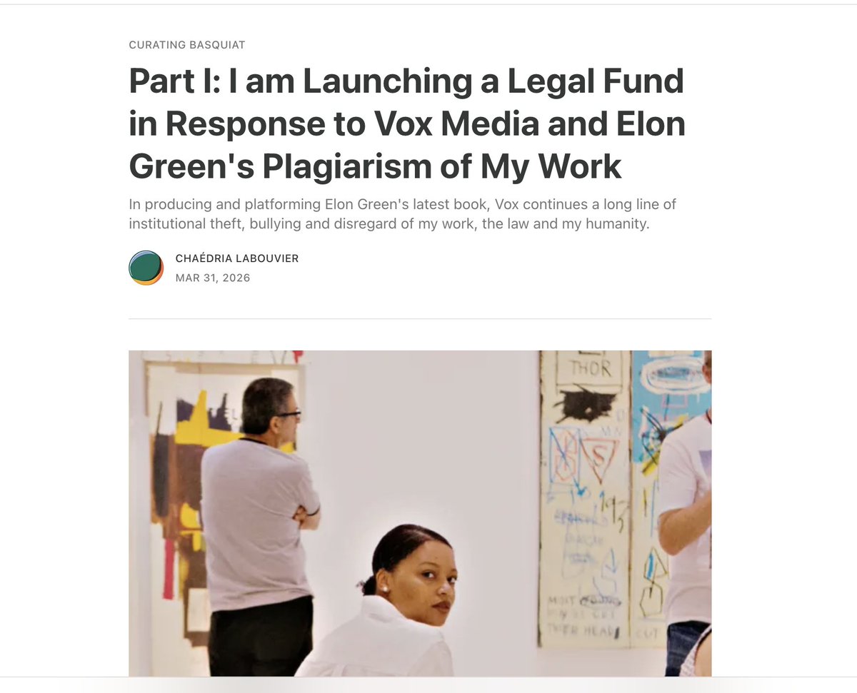 chaedria's tweet photo. I have been working on this since July 2025, but in many ways, since 2019. This is long, but it is very important.  Pls read the links, share and donate to the Legal Fund to fight back against sustained and years-long harm. This is Part I; next week I'll share Part II. 

 I started a legal fund to explore remedy against Vox Media for producing and platforming a podcast that contains plagiarized elements of my work, but is also based on Elon Green's book which heavily plagiarizes my published, copyright protected Basquiat scholarship.

It's a continued story of theft, deception, institutional collapse and corruption, silencing and harassment that I am unwilling to live with. I am tired of corporations stealing, breaking the law, destroying society getting away with it.

Legal Fund: https://t.co/l63JBzdfn0
SS:https://t.co/FYAzoCm0US