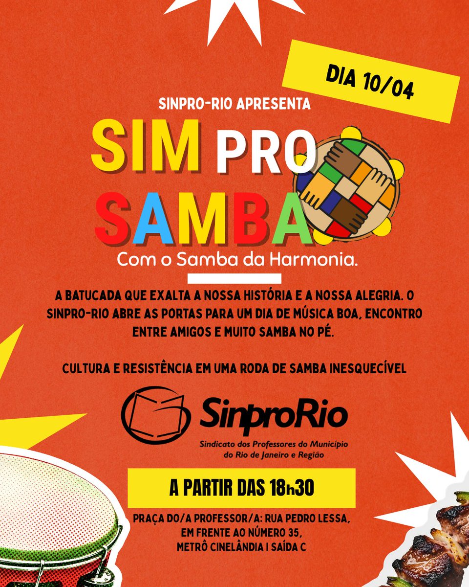 Sim Pro Samba acontecerá dia 10/04 na praça do/a professor/a às 18h30, com apresentação do Samba da Harmonia. ESPERAMOS VOCÊS.