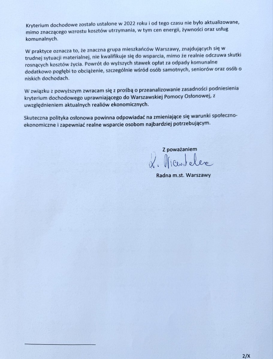 Złożyłam interpelację w sprawie pomocy osłonowej przy opłatach za odpady w Warszawie.

Od 1 kwietnia stawki wracają: 85 zł i 107 zł miesięcznie.
Próg dochodowy? 1940 zł netto – bez zmian od 2022 r. 
Bo wsparcie powinno nadążyć za realnymi kosztami życia.