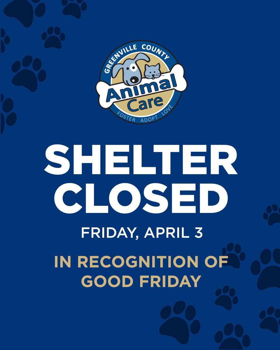 Greenville County Animal Care will be CLOSED Friday, April 3 in recognition of Good Friday.⁠
We look forward to seeing you on Saturday, April 4 during our regular hours, 12pm-5pm! It's a great weekend to adopt... 🐾