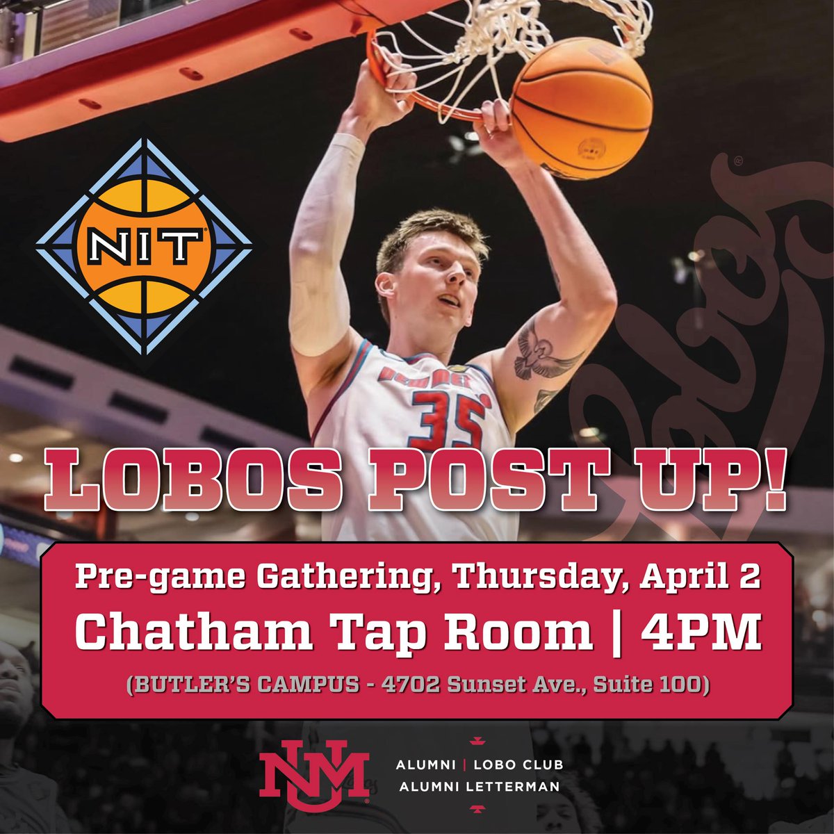 UNMAlumni's tweet photo. Calling all Lobos in Indiana. Let's Post Up and rally on Thursday ahead of UNM basketball's NIT seminfinals game!

Register and stay updated: https://t.co/iRVGdhys05

#NIT #UNM #GoLobos #UNMAlumni https://t.co/LzNyrE0WFt
