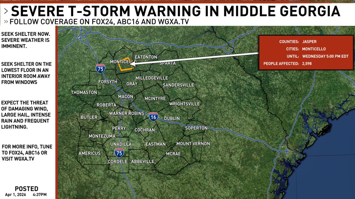 WGXAnews's tweet image. A new SEVERE T-STORM WARNING has been issued in Middle Georgia. Stay tuned to @WGXANews for updates. #gawx #gawxcond