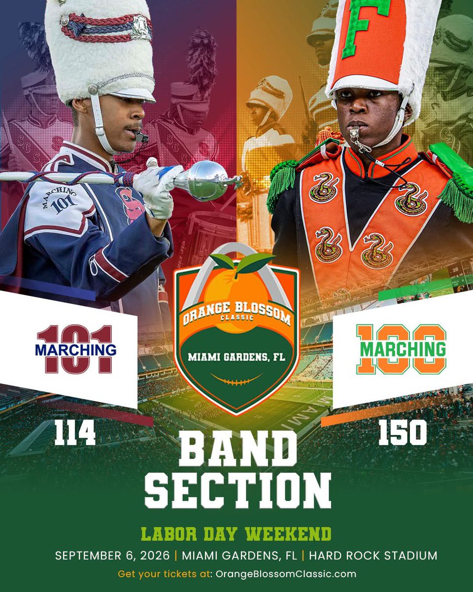 orangeblossomfc's tweet photo. Weโre not fooling you.
The real move? Sit near the bands.
@SCState101 โ Section 114
@THEMARCHING100 โ Section 150
Thatโs where the energy is.
Donโt miss a moment.
๐ https://t.co/AHUr763l1G
#FAMURattlers #SCStateBulldogs #OBC2026 #HBCUWeekend #OneBigCommunity https://t.co/4Po5CUh6NS