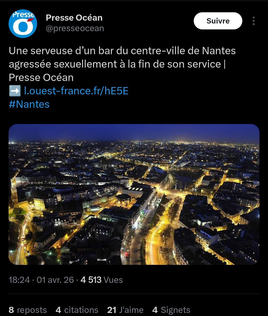 Une serveuse d’un bar du centre-ville de #Nantes agressée sexuellement à la fin de son service 😡

Demain, on apprendra que l'agresseur était une "chance pour la France" ou une "victime de la société"

Voilà, voilà... À peine 2 semaines après la réélection de <a href="/Johanna_Rolland/">Johanna Rolland</a>...