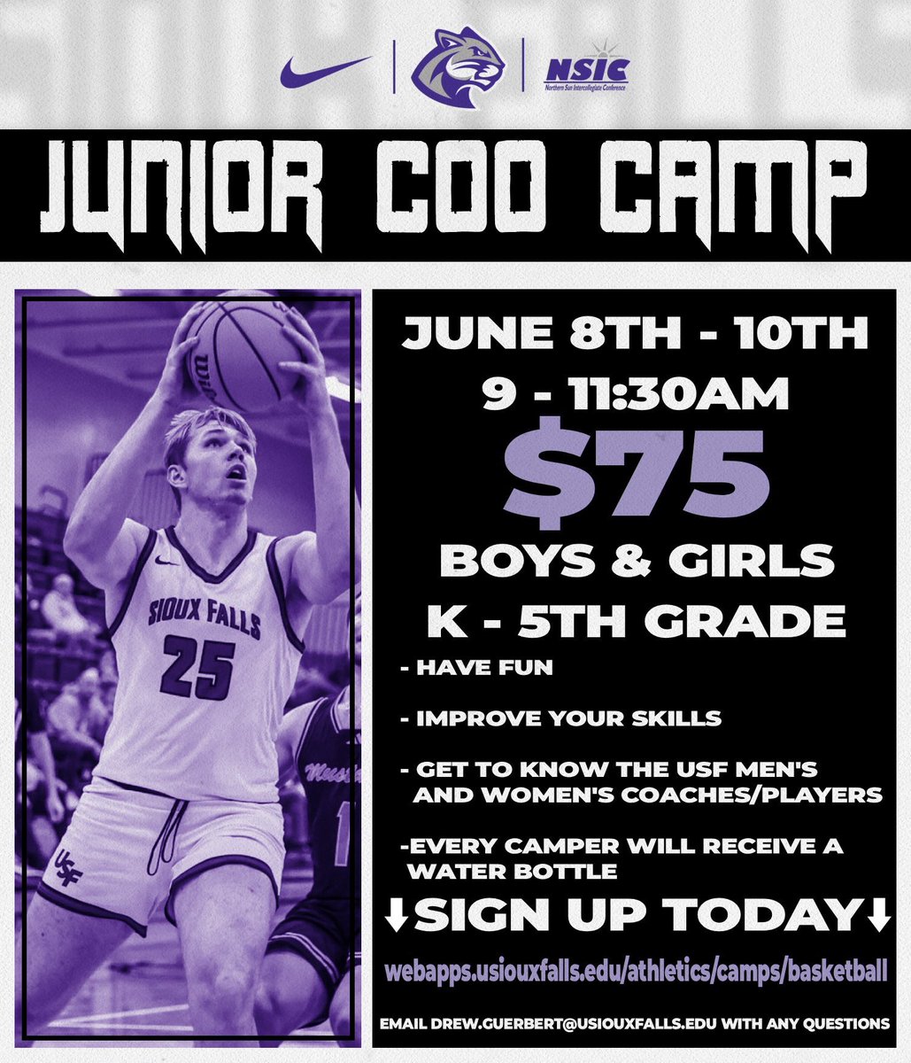 USFCougarsMBB's tweet photo. 🏀JUNIOR COO CAMP🏀

Looking forward to THREE days of fun 

Sign up TODAY: 

https://t.co/9OHNgxjjEg 

#CooFalls | #BleedPurp https://t.co/P2VkHZILaY