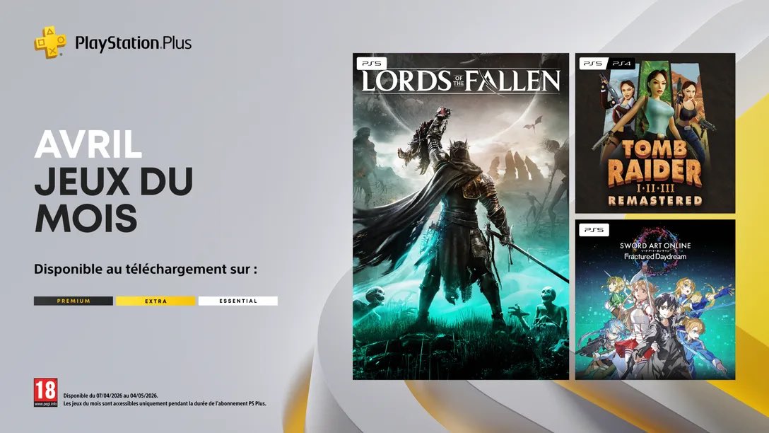 imerodBlog's tweet photo. 🔵 Liste des jeux #PSPlus du mois d'avril (mardi 7)
- Lords of the Fallen | PS5
- Tomb Raider I-II-III Remastered | PS4 &amp; PS5
- Sword Art Online Fractured Daydream | PS5

Vous en pensez quoi ?! https://t.co/2HGYMudgKt