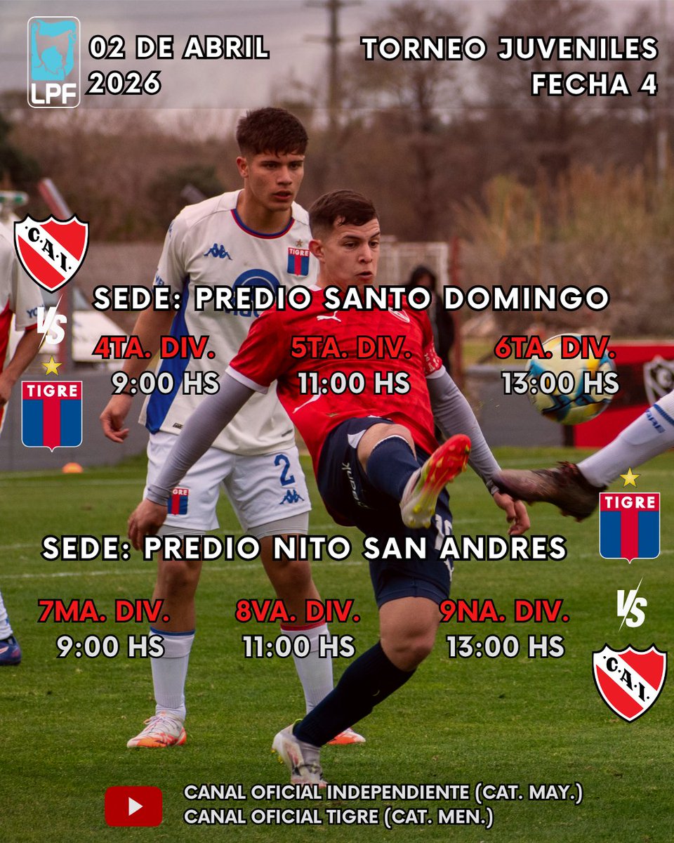 FUTBOL JUVENIL LPF - FECHA 4 VS TIGRE

Mañana - otra vez si la lluvia lo permite - se jugará una nueva fecha de juveniles y el rival será el Matador de Victoria.
📍  Las categorías mayores serán locales en Villa Dominico , mientras que  las divisiones menores jugarán en el Predio