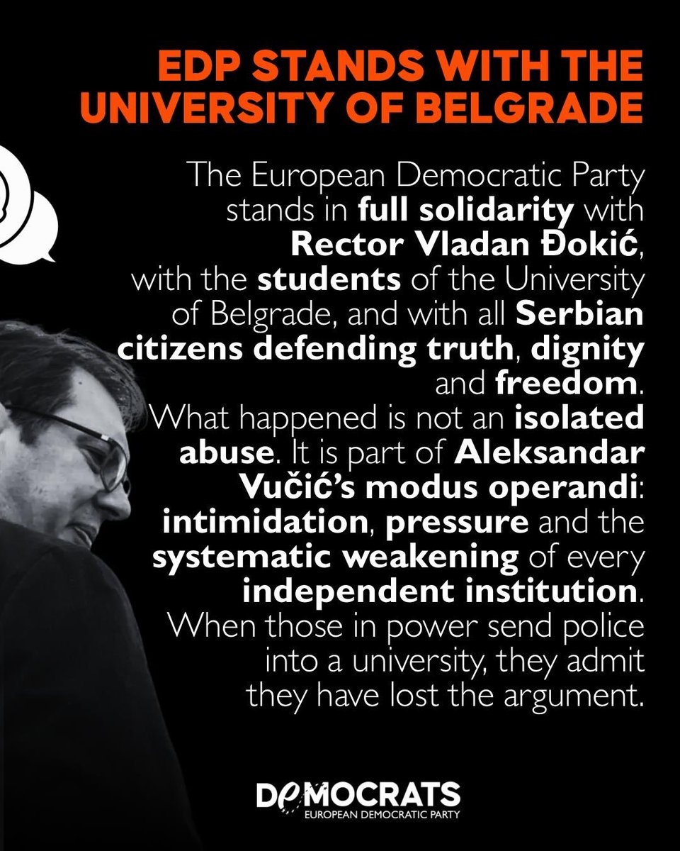 Academic freedom is under pressure in Serbia. What happened at the University of Belgrade is not an isolated incident, but part of a broader pattern of intimidation against independent institutions. The EDP stands in full solidarity with Rector Vladan Đokić, students, academics,
