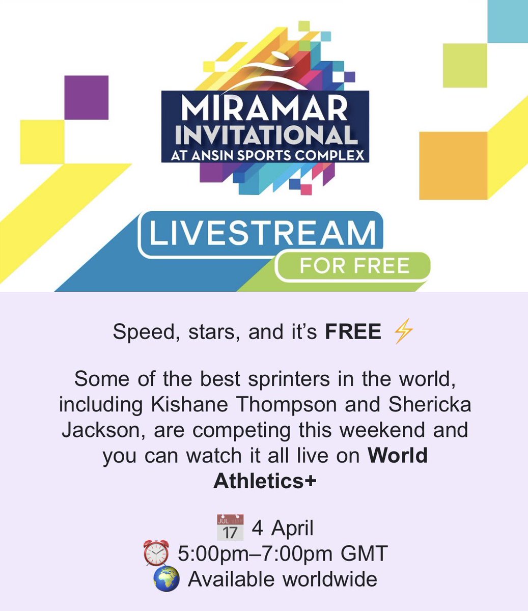 _OwenM_'s tweet photo. World Athletics will be live-streaming the Miramar Invitational! 🚨 

The event is scheduled to feature:
• Melissa Jefferson-Wooden 🇺🇸 4x1
• Ackeem Blake 🇯🇲 100m
• Tate Taylor 🇺🇸 100m & 4x1
• Jake Odey-Jordan 🇬🇧 100m & 4x1
• Kishane Thompson 🇯🇲 150m 
• Tapiwanashe Makarawu 🇿🇼 150m
• Tina Clayton 🇯🇲 150m
• Tia Clayton 🇯🇲 150m
• Alexander Ogando 🇩🇴 300m
• Shericka Jackson 🇯🇲 300m
• Anna Cockrell 🇺🇸 300m
• Britton Wilson 🇺🇸 300m
• Shafiqua Maloney 🇻🇨 600m
• Kerrica Hill 🇯🇲 100mH 
• Tajay Gayle 🇯🇲 LJ 

📆 4 April 
⏰ 12pm-2pm ET 
🌍 Available worldwide