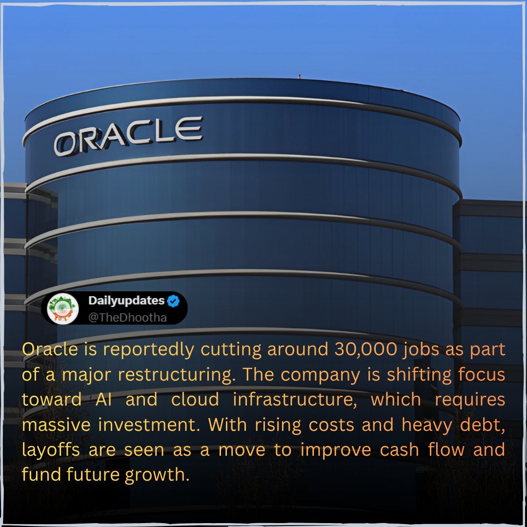 TheDhootha's tweet photo. AI Over Employees? Oracle’s Big Bet

Oracle layoffs show a clear shift—AI isn’t just a tool anymore, it’s replacing routine work.
Not the end of jobs, but a change in skills. Adapt or fall behind.

#Oracle #AI #Layoffs #FutureOfWork #TechNews #Upskill #Automation #TheDhootha