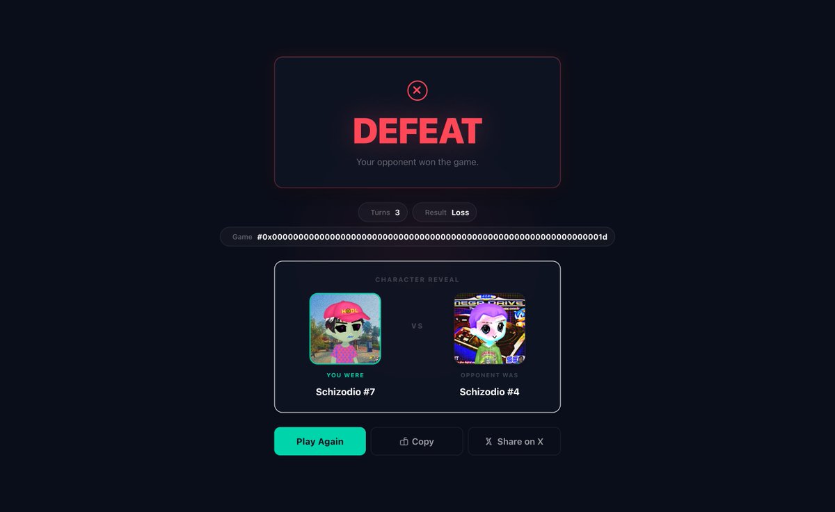 Testing some stuff

I lost a <a href="/GuessmyNft/">GuessmyNFT</a> match in 3 turns!

Fully onchain, ZK-Private. 

Play at guessmynft.com