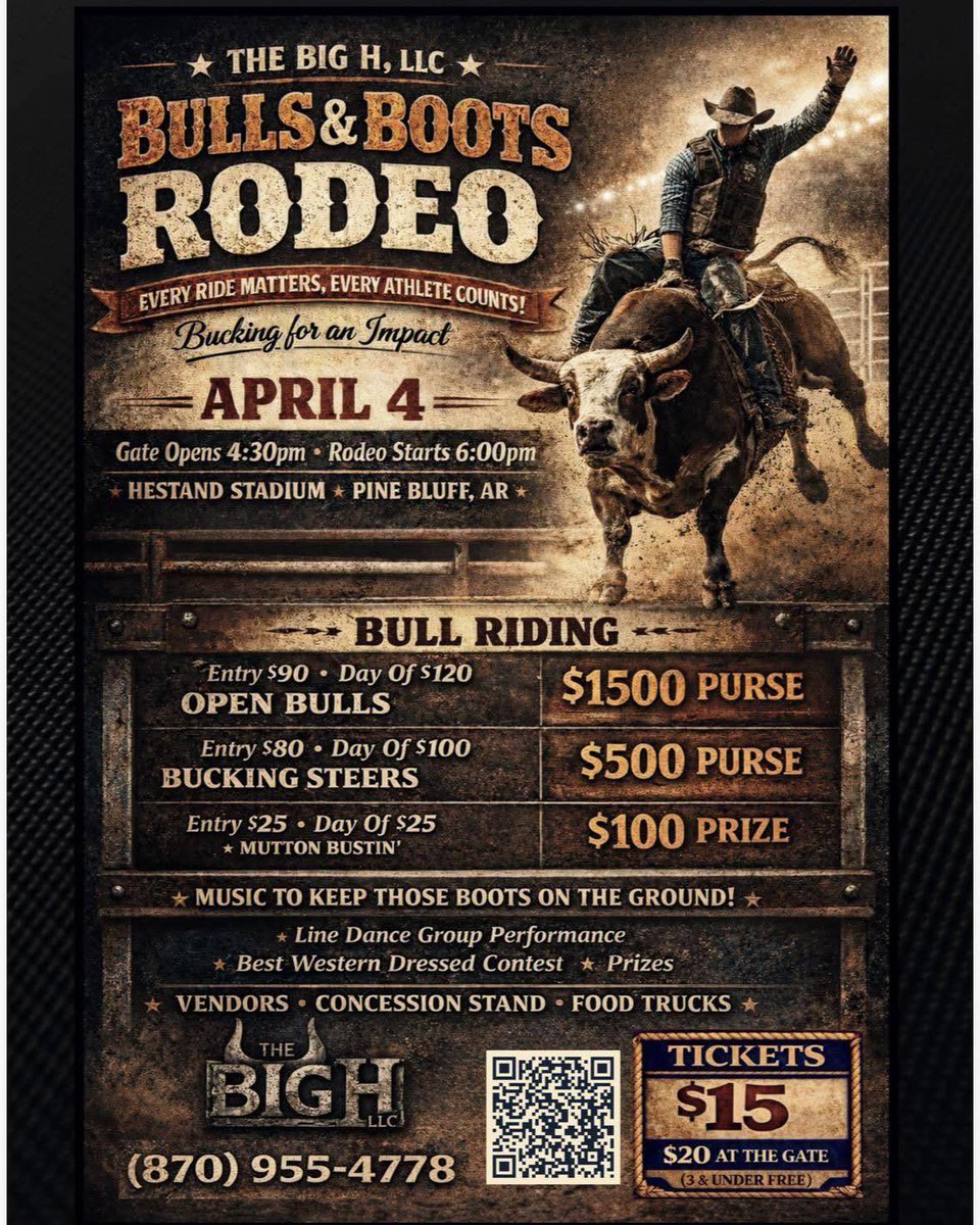 Make your plans now, Saturday, April 4th, gates open at 4:30 Rodeo starts at 6PM. Food, Fun and Family! #Bulls&amp;BootsNtheBluff #ExplorePineBluff