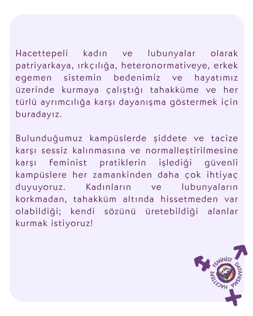 hufemday's tweet photo. Feminist dayanışma yaşatır diyoruz; Hacettepeli feministler olarak da yaşamakta ve yaşatmakta ısrar ediyoruz! Sen de aramıza katıl, kampüste kadınlar ve LGBTİ+lar olarak mücadelemizi birlikte örelim. https://t.co/WzU0irlwl2