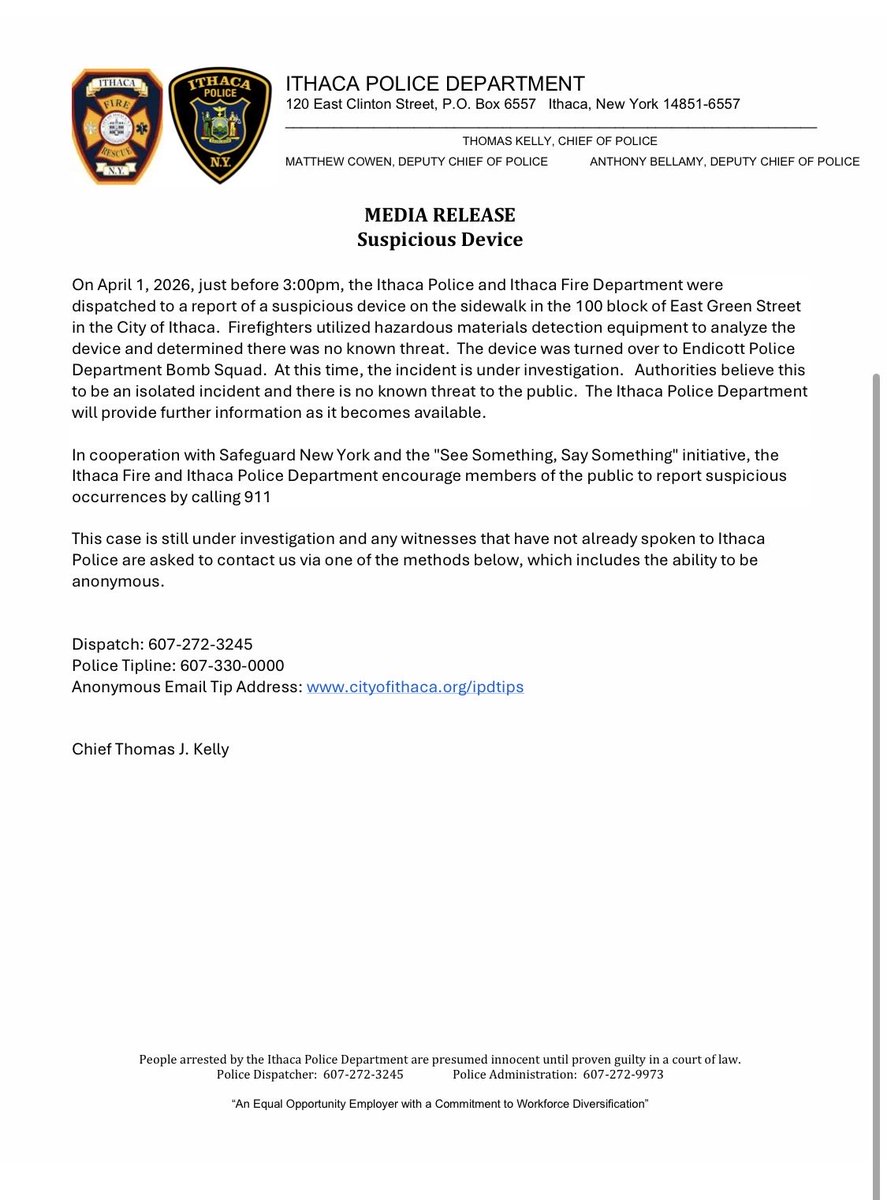 Ithaca Police tweet media