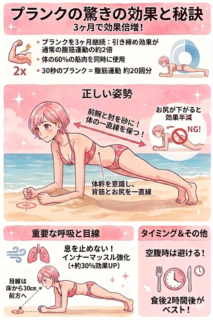 kei_no_bodymake's tweet photo. 【実はプランクを3ヶ月続けると…】

腹筋の引き締め効果が
通常の腹筋運動の約2倍に💪

プランク中は
体の60%の筋肉を同時に使用しており
全身運動として最も効率的！

息を止めずに行うことで
インナーマッスルの強化効果が
約30%上がり… https://t.co/shEkdyUsCh