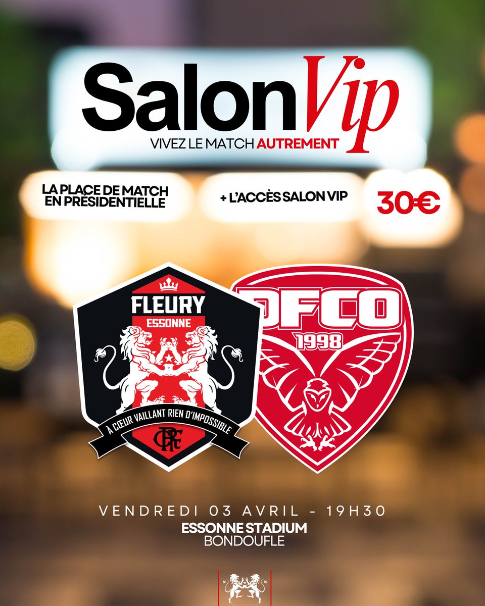 FCFleury91's tweet photo. 🤩 Le choc face à Dijon à l’Essonne Stadium, c’est ce vendredi à 19h30.  

𝑽𝒊𝒗𝒆𝒛 𝒍𝒆 𝒎𝒂𝒕𝒄𝒉 𝒂𝒖𝒕𝒓𝒆𝒎𝒆𝒏𝒕. 🌟

🎟️ Offre Salon VIP : https://t.co/HjAX4xnhSI
𝐴𝑣𝑎𝑛𝑡-𝑚𝑎𝑡𝑐𝘩 / 𝑀𝑖-𝑡𝑒𝑚𝑝𝑠 / 𝐹𝑖𝑛 𝑑𝑢 𝑚𝑎𝑡𝑐𝘩. https://t.co/DTeKNMaJuW