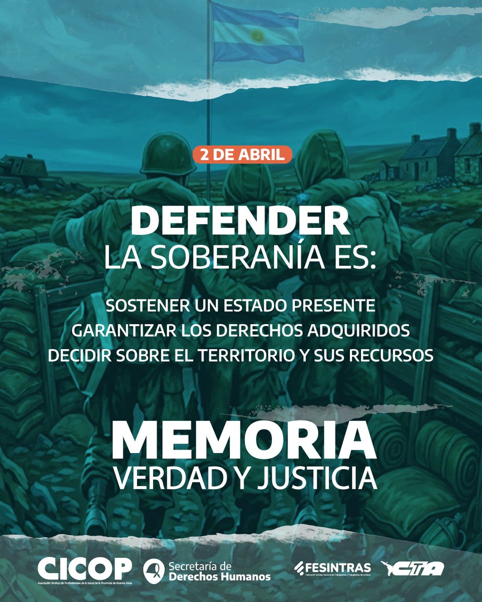 CICOP_ok's tweet photo. 📍 #2Abril: A 44 años de la Guerra de Malvinas, reafirmamos nuestro compromiso con la Memoria, la Verdad, la Justicia, la Soberanía y la Paz. 

Recordamos con honor a quienes lucharon, a quienes dieron su vida y abrazamos a los veteranos y veteranas.

#MalvinasArgentinas 🇦🇷 https://t.co/w2gn7FKGd4