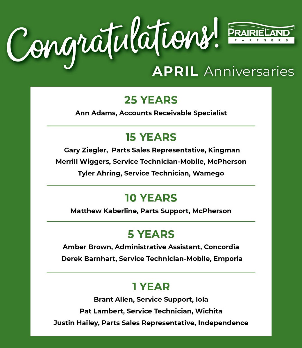 PrairieLandJD's tweet photo. We’re proud to recognize our team members celebrating April work anniversaries!

Join us in congratulating them for the dedication, passion, and commitment they bring to PrairieLand Partners every day.

#AprilWorkAnniversary #PrairieLandPartners #DeliveringTheRightSolution https://t.co/TIRNkp9YtT