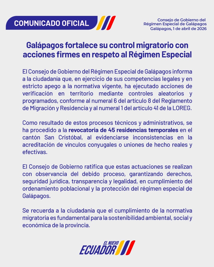 CGGalapagos's tweet photo. Galápagos avanza con orden, legalidad y responsabilidad

El @CGGalapagos ejecuta controles que fortalecen el régimen especial, garantizan el debido proceso y protegen el equilibrio poblacional de las islas.

#ElNuevoEcuador trabaja por un futuro sostenible para Galápagos. https://t.co/t1xqkDWjyU