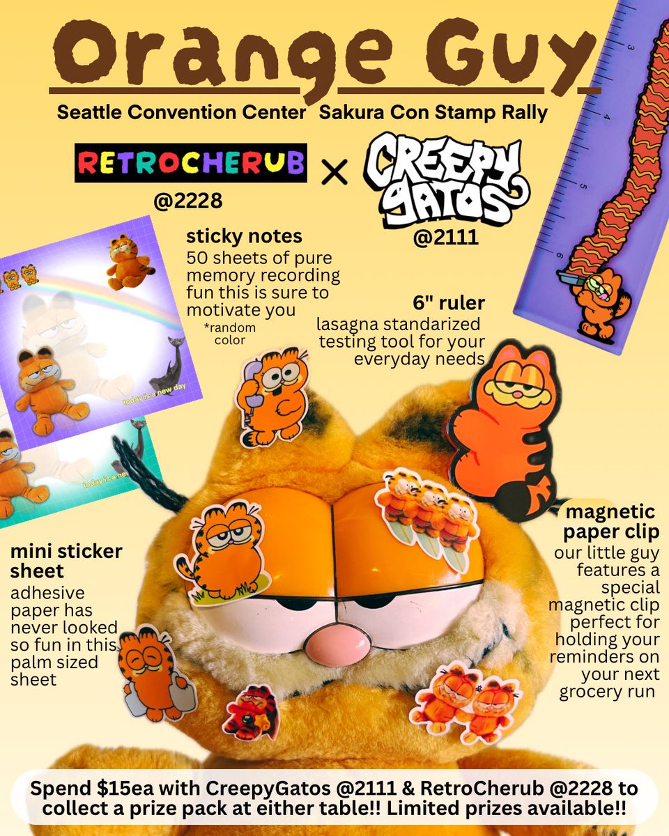 retrocherub's tweet photo. Hosting a very orange guy stamp rally at Sakura Con this weekend!! ฅ(ᵔ꒳ ᵔマ.ᐟ
@CREEPYGATOS 📌2111
@retrocherub 📌2228
#sakuracon2026 https://t.co/UlcmLfs9Ah