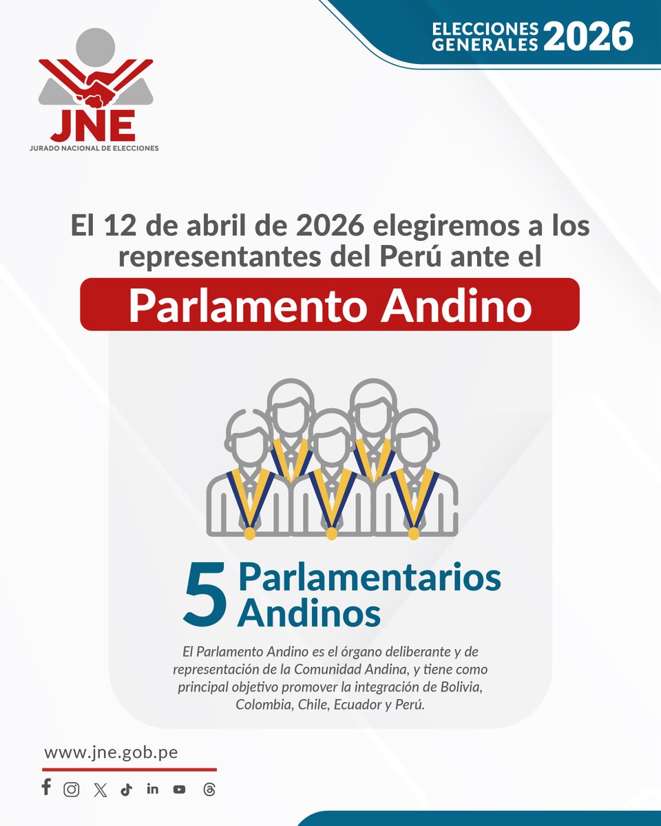 JNE_Peru's tweet photo. 🗓️ Este 12 de abril elegiremos a 5 representantes del Perú ante el Parlamento Andino.
Es tiempo de pasar de la duda a la información. 

En el JNE te explicamos todo sobre:
🗳️ El proceso de elección.
#VotoInformado #EG2026 https://t.co/kVvNoZZxip