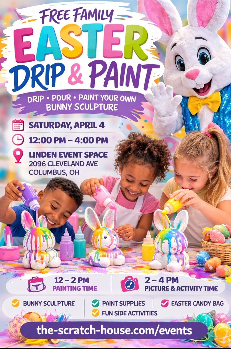 scratchhouse21's tweet photo. 🐰The Scratch House: Easter Drip &amp; Paint!

📅 Saturday, April 4
🕛 12:00 PM – 4:00 PM
📍 Linden Event Space

🎨 Paint your own bunny (12–2 PM)
📸 Photos + fun activities (2–4 PM)

✔️ Bunny sculpture
✔️ Paint supplies
✔️ Easter candy bag

👉 Register now:
https://t.co/sIJtNZeRKh https://t.co/Mq1w8zeSTh