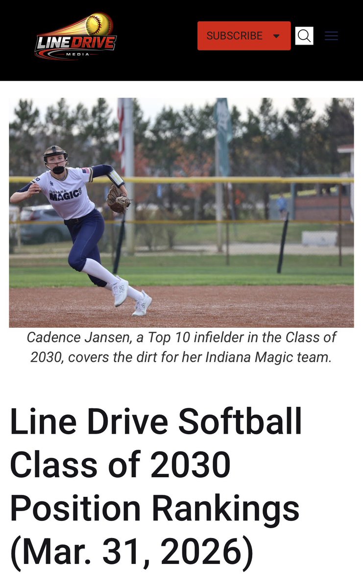 cadence_jansen's tweet photo. Incredibly honored to be recognized by Line Drive Media at #15 overall in their Top 100 rankings for the Class of 2030. So grateful for my teammates and coaches who continue to push me to be better every single day. Love this game! @LineDsoftball @INMagicGoldSB @Rob_Coffel https://t.co/IQrZhv9q7a