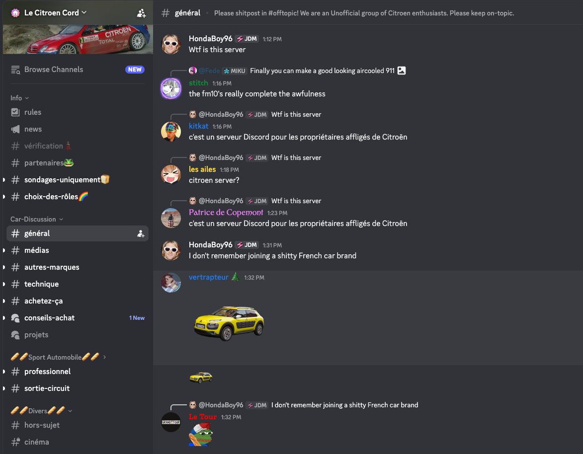 SpeedSportLife's tweet image. The Porsche Discord rebranded itself to a Citroen Discord for April Fools Day and everyone is so confused