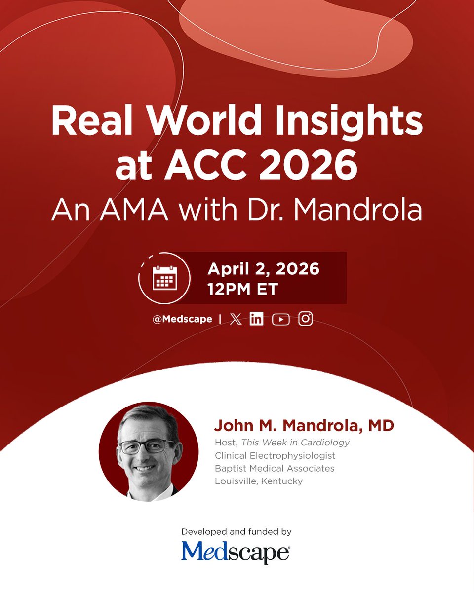 Medscape's tweet image. Watch LIVE tomorrow ➡️ youtube.com/watch?v=GJpjfy… 

Refine your approach to trial data - @drjohnm critiques the latest #ACC26 guidelines and answers your burning questions LIVE 🔥

✅ Real-world insights
✅ Expert Q&amp;amp;A
✅ Clinical trial deep-dives

#ACC #Cardiology